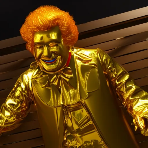 Image similar to A still of Ronald McDonald surrounded by gold and diamonds, Award-winning, photograph, 3d render, unreal engine, 4k detailed