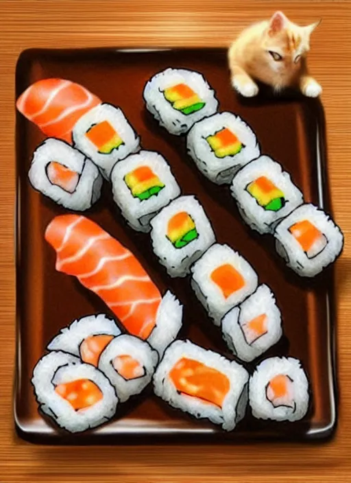 Image similar to clear photorealistic picture of adorable cats made out of sushi