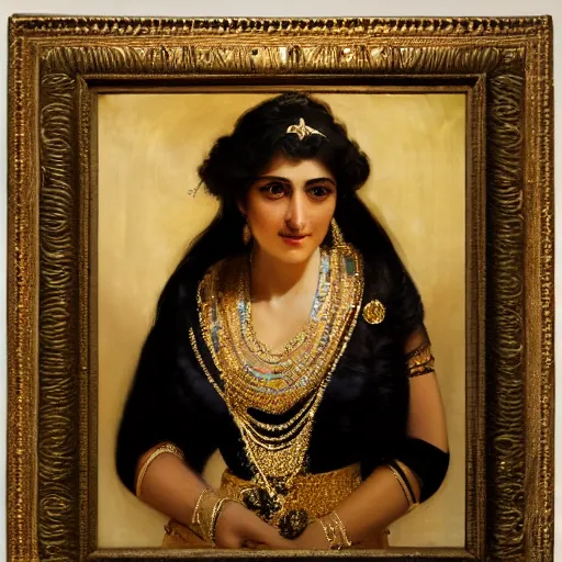Prompt: portrait of a beautiful assyrian princess with medium - sized black wavy hair, gold - made jewelry over her head and gold jewelry covering her curved but thin body, with a orientalist smileful face, excellent lighting, high detail by theodore ralli and nasreddine dinet and anders zorn and edwin longsden 8 k
