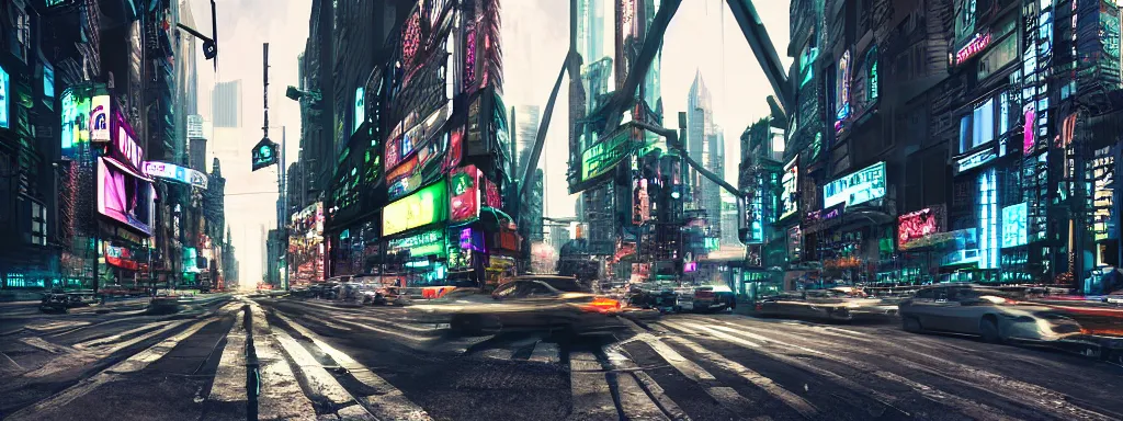 Prompt: Cyberpunk brooklyn street, photorealistic, large format photography, depth of field