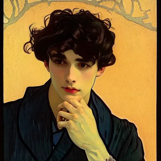 Image similar to painting of young cute handsome beautiful dark medium wavy hair man in his 2 0 s named shadow taehyung at the halloween party, somber, depressed, melancholy, sad, elegant, clear, painting, stylized, delicate, soft facial features, delicate facial features, soft art, art by alphonse mucha, vincent van gogh, egon schiele