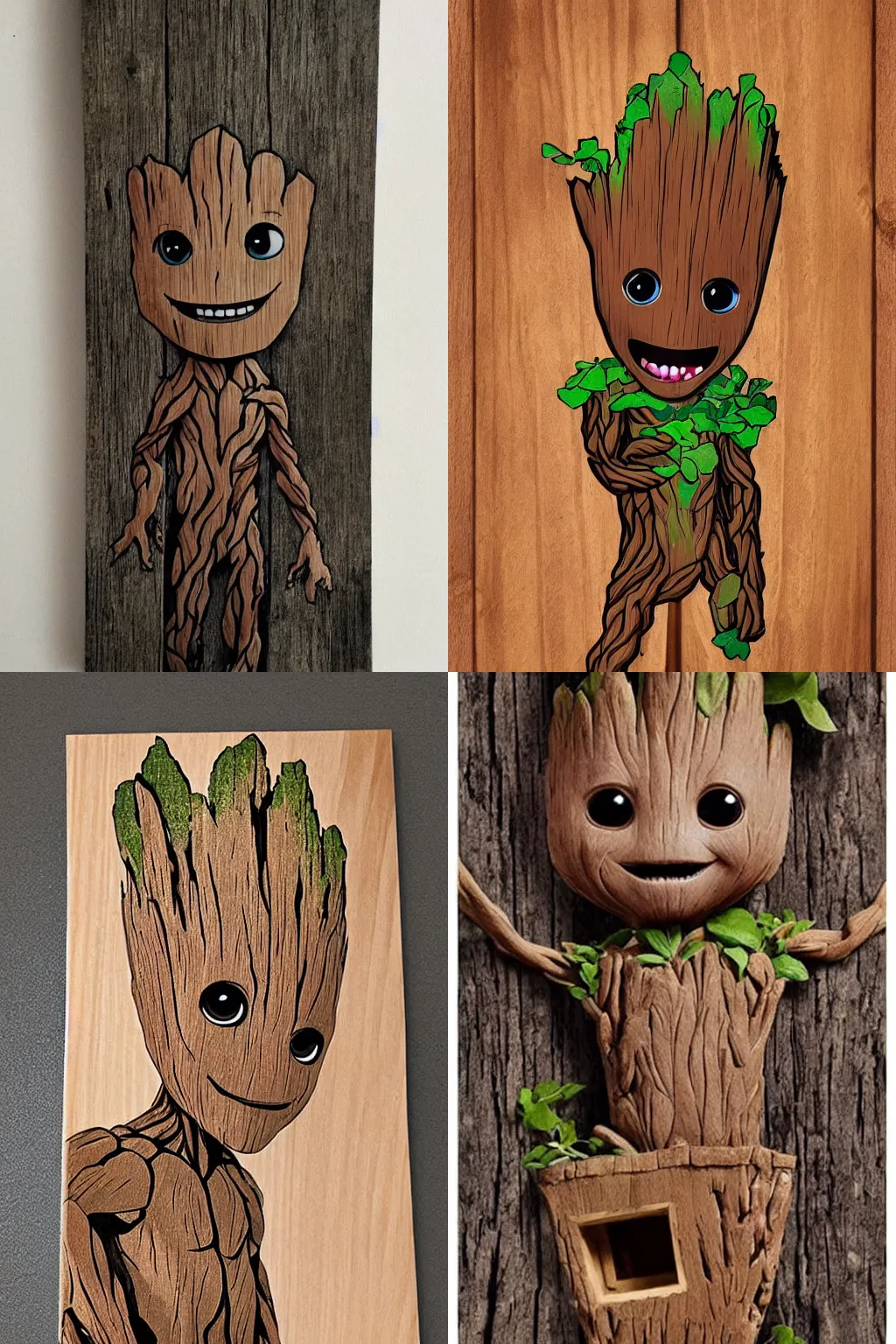 Prompt: a poster of the little cute Groot takes a bathroom made of wood, by disney plus