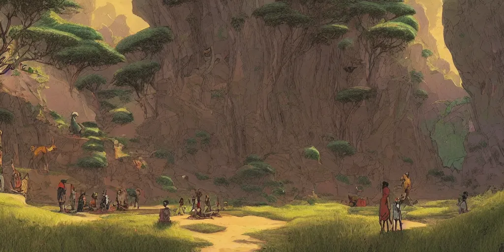 Image similar to an african magic school on the mountains, comics art, cinematic volume lighting, 4k, illustration, epic scene, trending on artstation, art by ghibli moebius