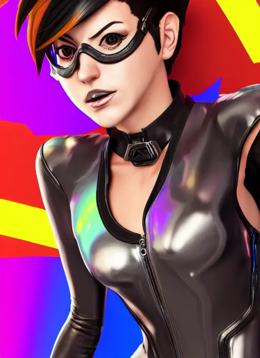 Image similar to portrait bust digital artwork of tracer overwatch, wearing iridescent rainbow latex and leather straps catsuit outfit, expressive face, makeup, in style of mark arian, angel wings, wearing detailed leather collar, chains, black leather harness, detailed face and eyes,