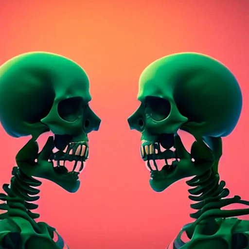 Prompt: A profile of two skeletons facing each other by Beeple, Trending on Artstation, Octane Render, 8K, Vaporwave background