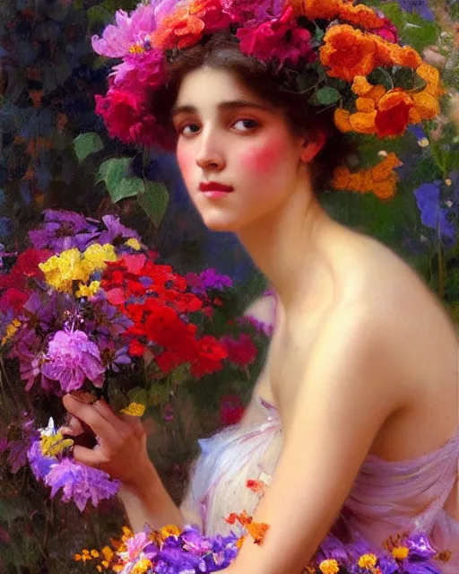 Prompt: an attractive girl wearing a colourful dress and surrounded by flowers. highly detailed painting by gaston bussiere, craig mullins, j. c. leyendecker 8 k