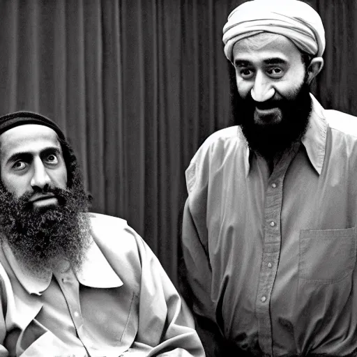 Image similar to Meeting between George Bush and Osama Bin Laden in 1995, realistic photograph, greyscale, world press winner