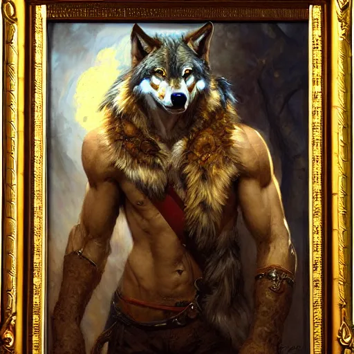 Prompt: a portrait of a wolf dogman. highly detailed painting by gaston bussiere, craig mullins, j. c. leyendecker, furry