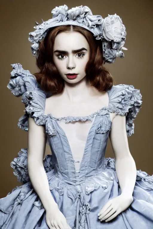 Image similar to lily collins as a dresden doll made of porcelain