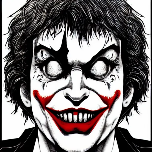 Image similar to The Joker portrait in the style of Junji Ito. Manga. Black and white. Gothic. Horror. Extremely detailed. 4K.