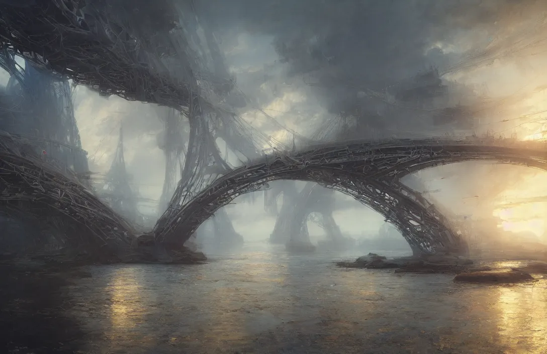 Prompt: ruan jia, syd mead, james jean, massive bridge in phantastic landscape, hyperreal phantastic, intricate details in environment, meeting point, luminance, golden ratio, high aestehtic, cinematic light, dramatic light, godrays, distance, clear atmosphere, photobash, wideangle, bierstadt, hyperreal 4 k