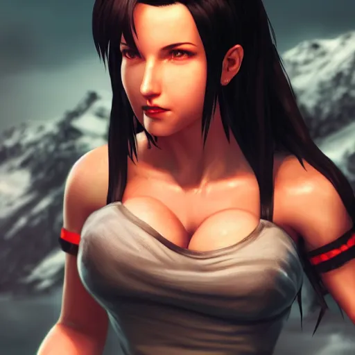 Image similar to A comic book style portrait painting of a Tifa Lockheart in a winter landscape, unreal 5, DAZ, hyperrealistic, octane render, RPG portrait, ambient light, dynamic lighting