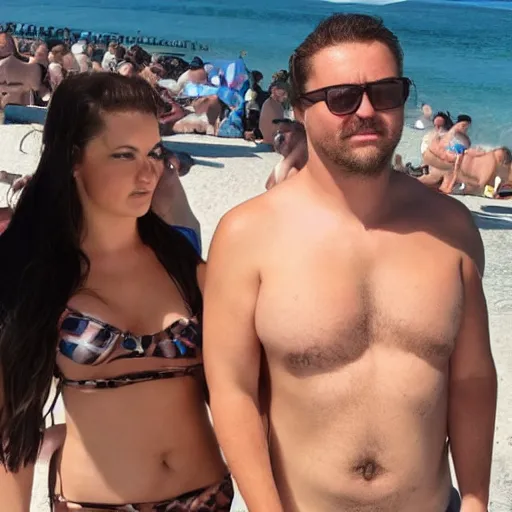 Image similar to photo of a 4 0 year old man that looks young for his age dating a very attractive 2 2 year old woman wearing a bikini. his wife is visibly upset in the background. lol