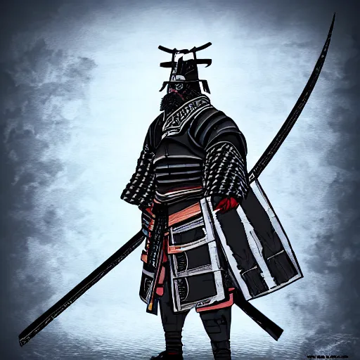 Image similar to japanese samurai boss inspired from dark souls 3 near a river, digital illustration, highly detailed art, 8k image quality, full body camera shot