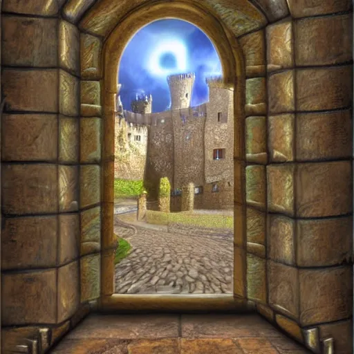 Image similar to castle interior with a magical mirror floating around, digital art