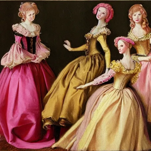 Image similar to group of skinny female artist wearing renaissance dresses, pink and gold flowers in the style of realism, renaissance oil painting, tonalism, rococo, manga