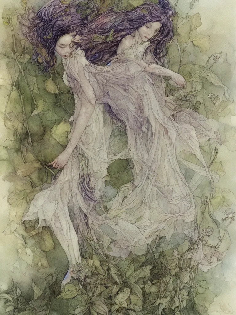 Image similar to study of a flower fairy, illustration, watercolor, alan lee, detailed, pretty, ethereal,