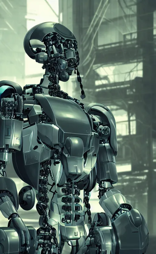 Image similar to a closeup shot of a robot being repaired in warehouse,cyberpunk,2077,big mecha,gundam,8k,high detailed,comic style,manga,epic