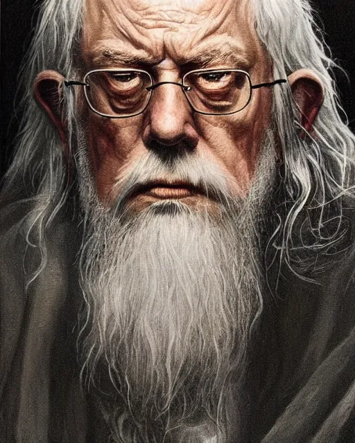 Image similar to portrait of bernie sanders as gandalf in lord of the rings, beautiful, very detailed, hyperrealistic, medium shot, very detailed painting by Glenn Fabry, by Joao Ruas