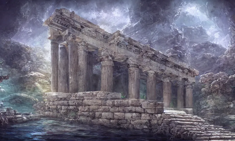 Image similar to underwater ancient greek temple, digital art, concept art, fantasy art, highly detailed, hd wallpaper, hdr, artstation, deviantart, behance