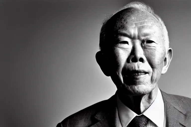 Image similar to black and white portrait photo of lee kuan yew, slight smile, natural light, low contrast, photo by Peter Lindbergh, 8K