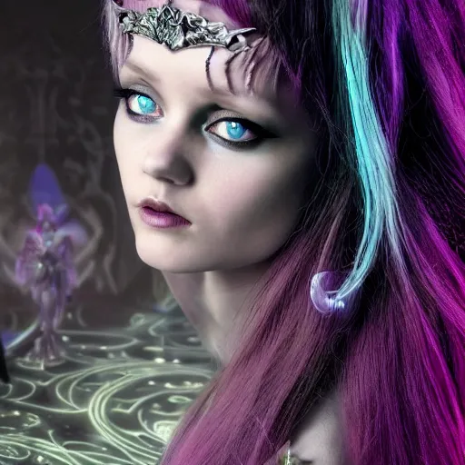 Image similar to A still of an ethereal, mysterious stunning maximalist mesmerizing elven girl with elf ears from the rainbow sky paradise in Tron: Legacy (2010), high-tech, professional high fashion model photo shoot for Victorian gothic lolita fashion, hyperdetailed by Mark Ryden and artgerm and Hiroyuki-Mitsume Takahashi, close-up 35mm macro shot, hyperrealism, 8k resolution 3D, cinematic, dynamic lighting, octane render, unreal engine 5