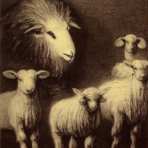 Prompt: perfect sketch of electric sheep scheme, umbra, pastel, by Rembrandt, by Da Vinci