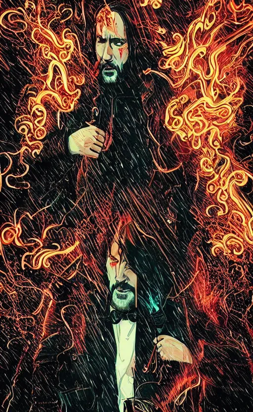 Prompt: nicolas cage as john wick in the rain, dramatic lighting, style of mcbess + Laurie Greasley + Satoshi Kon, symmetric lights and smoke, psychedelic effects, glowing particles, neon rain