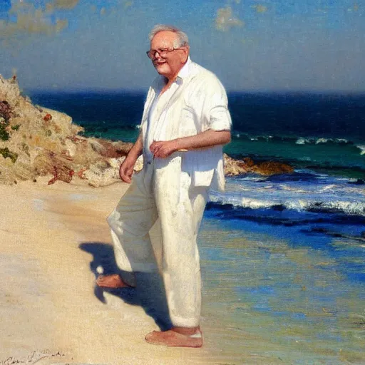 Prompt: detailed cinematic shot of warren buffet with white clothes in the mediterranean beach, spring light, painting by gaston bussiere, craig mullins, j. c. leyendecker