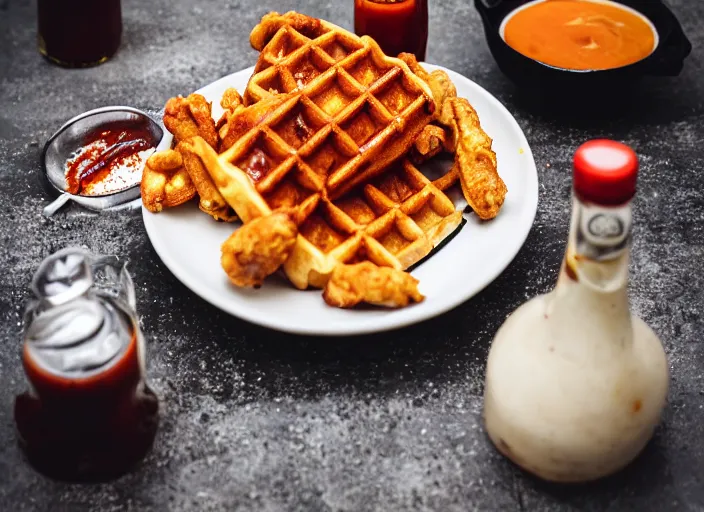 Image similar to dslr food photograph of a belgian waffle with fried chicken on top drizzled with maple syrup and a bottle of hot sauce on the side, 8 5 mm f 1. 8