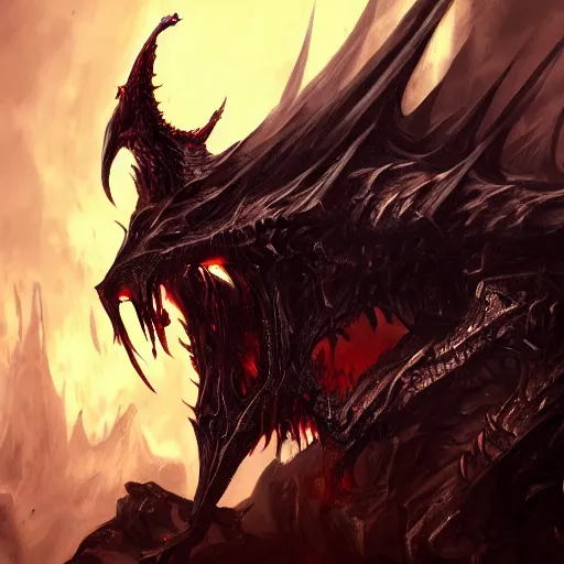 Image similar to dark fantasy concept of a vampire dragon god, with dark matter and molten armor on a mountain, cinematic, dynamic lighting, photorealistic, ultra detailed, trending on art station, stunning visuals, creative, hyper detailed