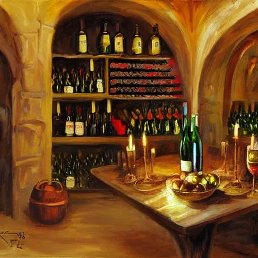 Image similar to wine cellar full of food, torches on the wall, schnapps, painting, Fritz Wagner, Vladimir Volegov, Olga Zakharova