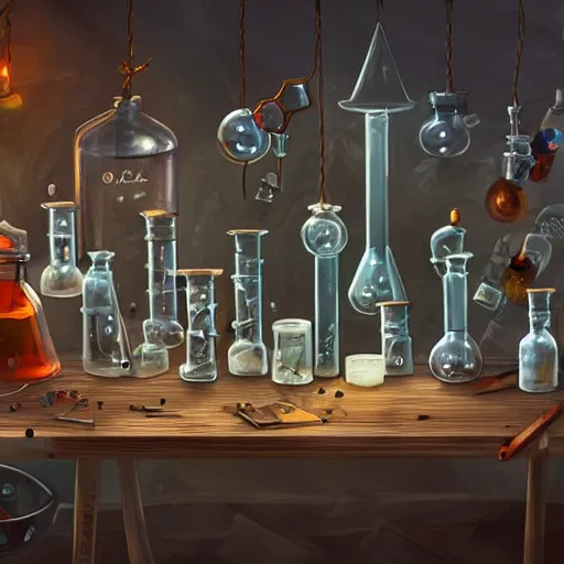 Prompt: A wizard's laboratory, full of beakers and potions, experiment in progress on the table, candles everywhere, dangerous, mysterious, artstation, digital painting, top-rated, award winning, highly detailed, by Justin Peters and Jeszika Le Vye