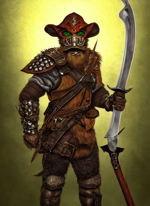 Image similar to strong young man, photorealistic bugbear ranger holding a flaming sword, black beard, dungeons and dragons, pathfinder, roleplaying game art, hunters gear, jeweled ornate leather and steel armour, concept art, character design on white background, by alan lee, norman rockwell, makoto shinkai, kim jung giu, poster art, colours red and green