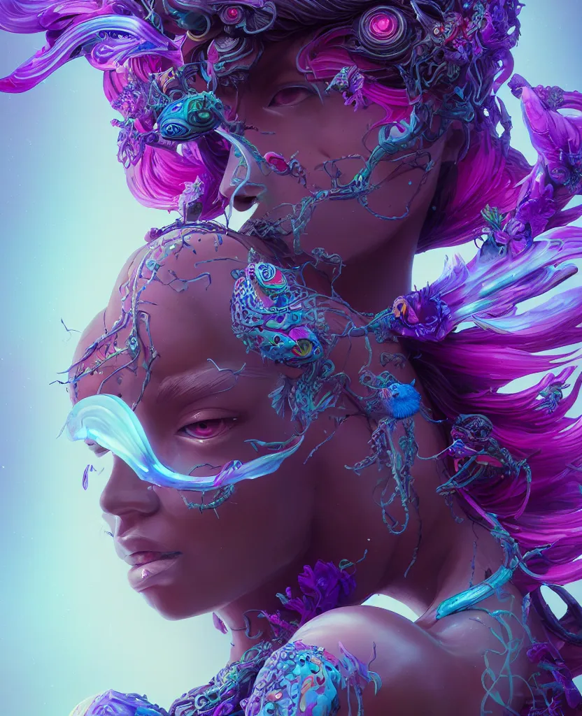 Image similar to goddess full color painted acryllic sculpture close-up portrait. orchid bird phoenix head, nautilus, skull, betta fish, bioluminiscent creatures, intricate artwork by Tooth Wu and wlop and beeple. octane render, trending on artstation, greg rutkowski very coherent symmetrical artwork. cinematic, hyper realism, high detail, octane render, 8k