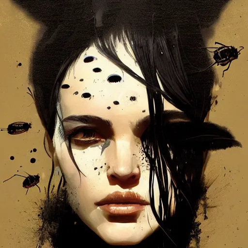 Prompt: portrait of a woman with black hair and insects coming out of her skin, trypophobia dramatic lighting, illustration by Greg rutkowski, yoji shinkawa, 4k, digital art, concept art, trending on artstation