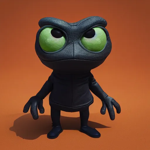 Image similar to perfectly accurate miniature figure of pepe the frog wearing jeans and a black leather jacket, soft textures, skin texture, clothing, 3d sculpture, textured, fine detail, lifelike, photo, high resolution, octane render, post processing, after effects, trending on artstation