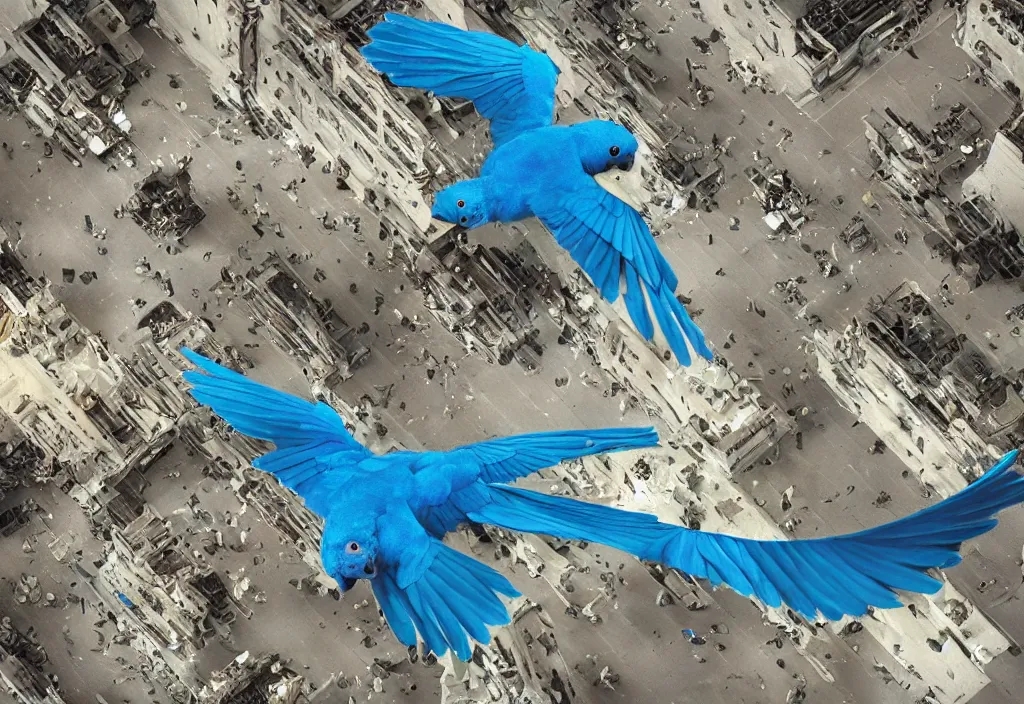 Prompt: giant blue Parrotlet destroying city in rage, rampage, destruction, apocalypse