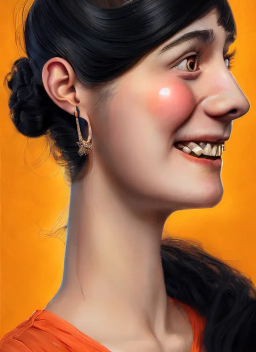 Image similar to portrait of high school girl, realistic, black hair, bangs, half updo hairstyle, pointy nose, skinny, smile, ugly, defined jawline, big chin, orange hair bow, earrings, intricate, elegant, glowing lights, highly detailed, digital painting, artstation, sharp focus, illustration, art by wlop, mars ravelo and greg rutkowski