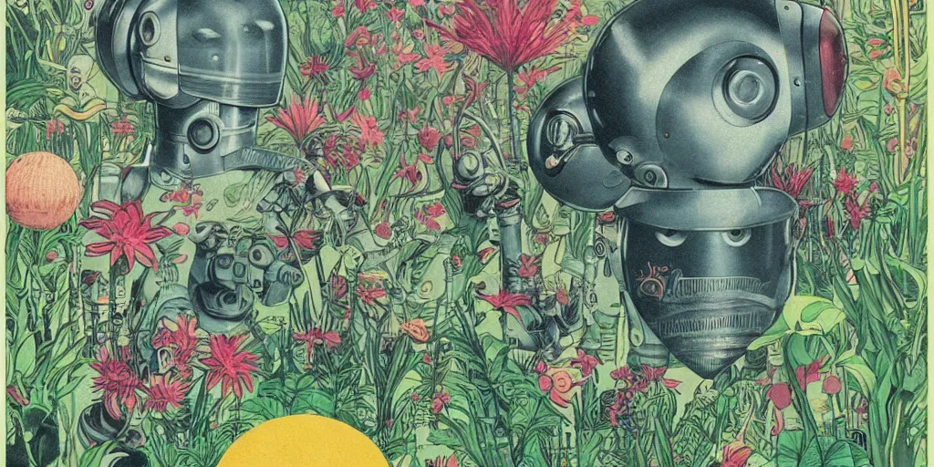 Image similar to vintage grainy scifi style, gigantic robot heads floating above the pool, tiny robots, a lot of exotic flowers and plants, risograph!!!, flat surreal design, super - detailed, a lot of tiny details, fullshot, by codex seraphinianus