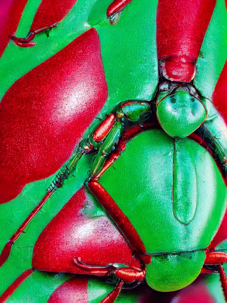 Image similar to subsurface scattering. close - up shot of a beautiful red white and green beetle. insect eyes. complementary color scheme. by slim aarons. studio photography high quality highly detailed award winning photograph by national geographic. soft volumetric light, smooth gradient.