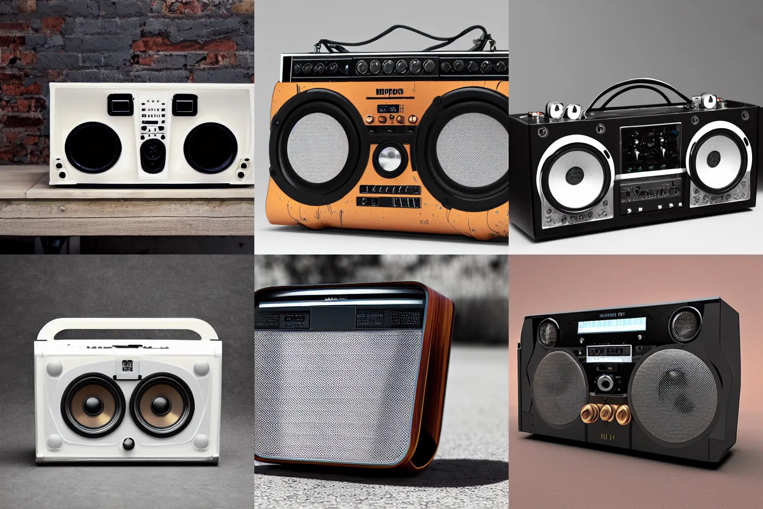Prompt: mephis style boombox, industrial design, product photo