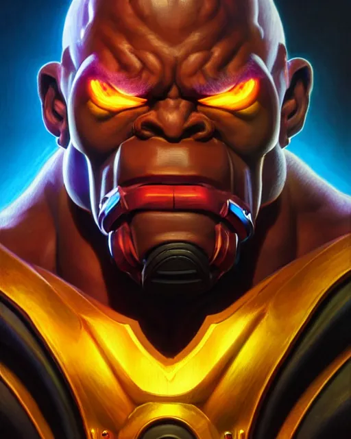 Image similar to doomfist from overwatch, elegant, confident, smug, ripped, buff, strong, colorful, fantasy, fantasy art, character portrait, portrait, close up, highly detailed, intricate detail, amazing detail, sharp focus, vintage fantasy art, vintage sci - fi art, radiant light, caustics, by boris vallejo