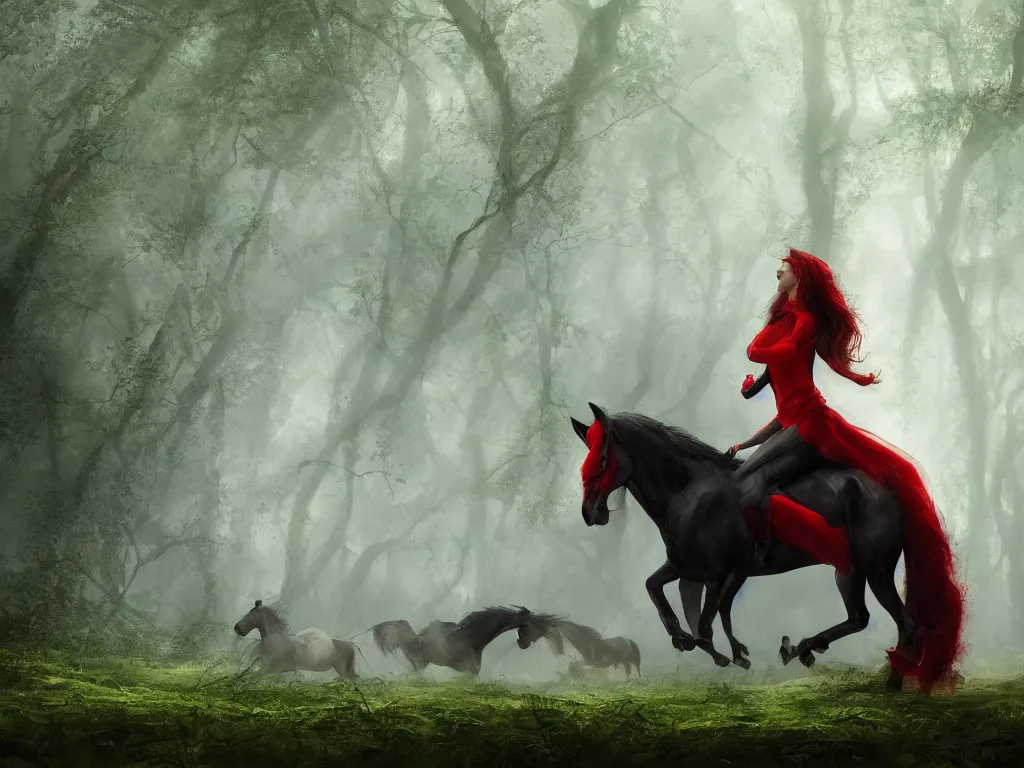 Image similar to a female beauty with red cap rides on a strong black horse slowly through a dense misty green oak and beech forrest, rays of life, cinematic, fantasy art, moody morning light, cryengine, trending on artstation, by john howe, by ridley scott, by peter jackson