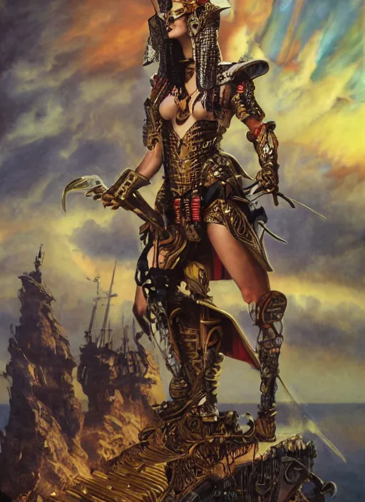 Prompt: dynamic! middle portrait of a biblical diabolical pirate female pharaoh, stylish cyborg armor, on a pirate ship, in clouds, strong studio lights, thunder, storm, sunset, by gerald brom, by mikhail vrubel, by peter elson, high contrast, muted colors, extreme detail, mirrors, trending on artstation, 8 k