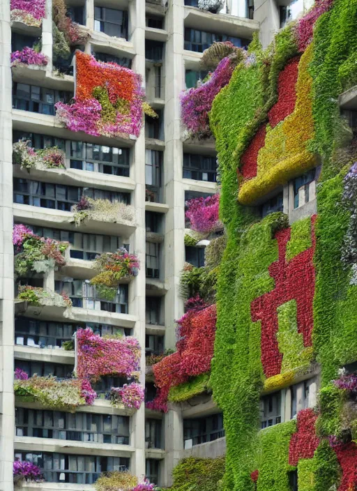 Prompt: brutalist buildings covered in colorful vines and flowers by Denys Lasdun William Morris and Mies van Der Rohe, artstation, masterpiece