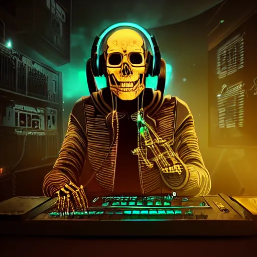 Image similar to cyberpunk skeleton with headphones playing synthesizer, smoky lights, lasers, highly detailed, realistic, dusty, technology and magic,