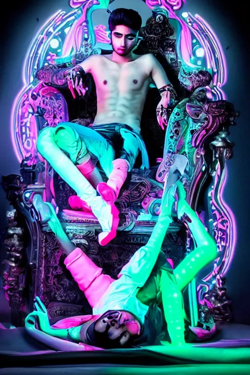 Image similar to full-body rococo and cyberpunk style neon statue of a young attractive Zayn Malik macho dotado e rico android sim roupa reclining con las piernas abertas e la piroca dura, glowing white lasers, glowing eyes, golden prince crown, black steampunk gears, pink diamonds, swirling mint-colored silk fabric. futuristic elements. black dripping tar. full-length view. space robots. human skulls. intricate artwork by caravaggio. Trending on artstation, octane render, cinematic lighting from the right, hyper realism, octane render, 8k, depth of field, 3D