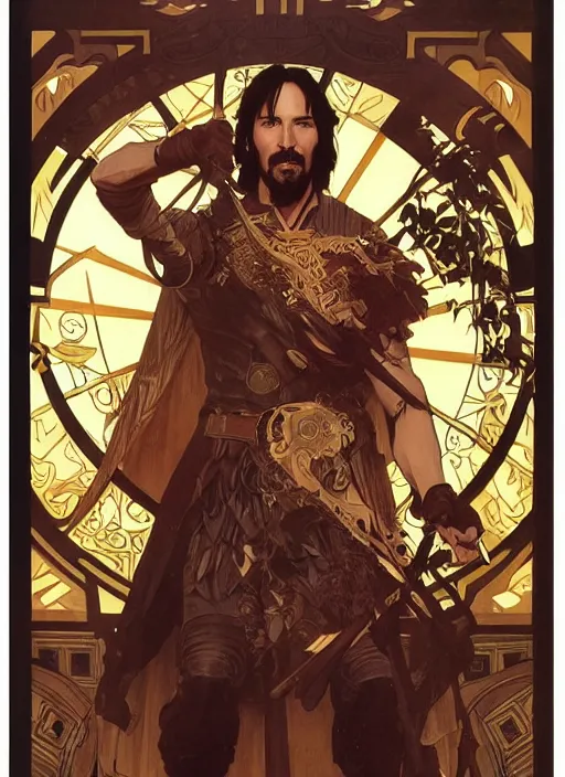 Image similar to keanu reeves in the slumps brown skin golden hair brown leather armor high fantasy dnd smooth sharp focus illustration by rossdraws, alphonse mucha frank fanzzeta