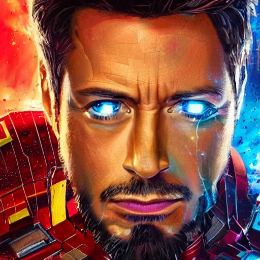 Image similar to mosaic portrait of iron man by greg rutkowski, 4k, intricate details, digital, explosion in the background